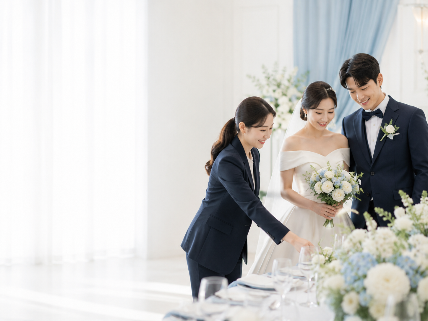밝은 웨딩홀에서 예식을 준비하는 신랑 신부